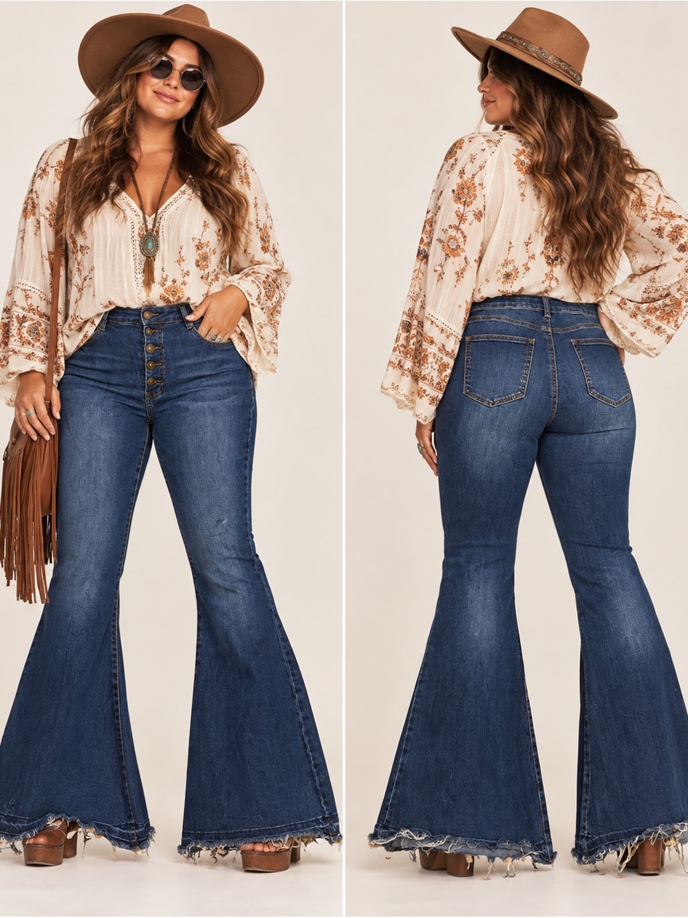 Rue21 Dark Blue High-Rise Flared Jeans Raw Hem Stretch 70’s Retro Bohemian Sz 14